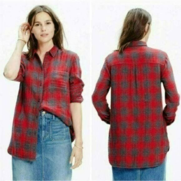 Madewell Ex-Boyfriend Women's XS Red Gray Plaid Long Sleeve Button Up Shirt - Picture 1 of 8